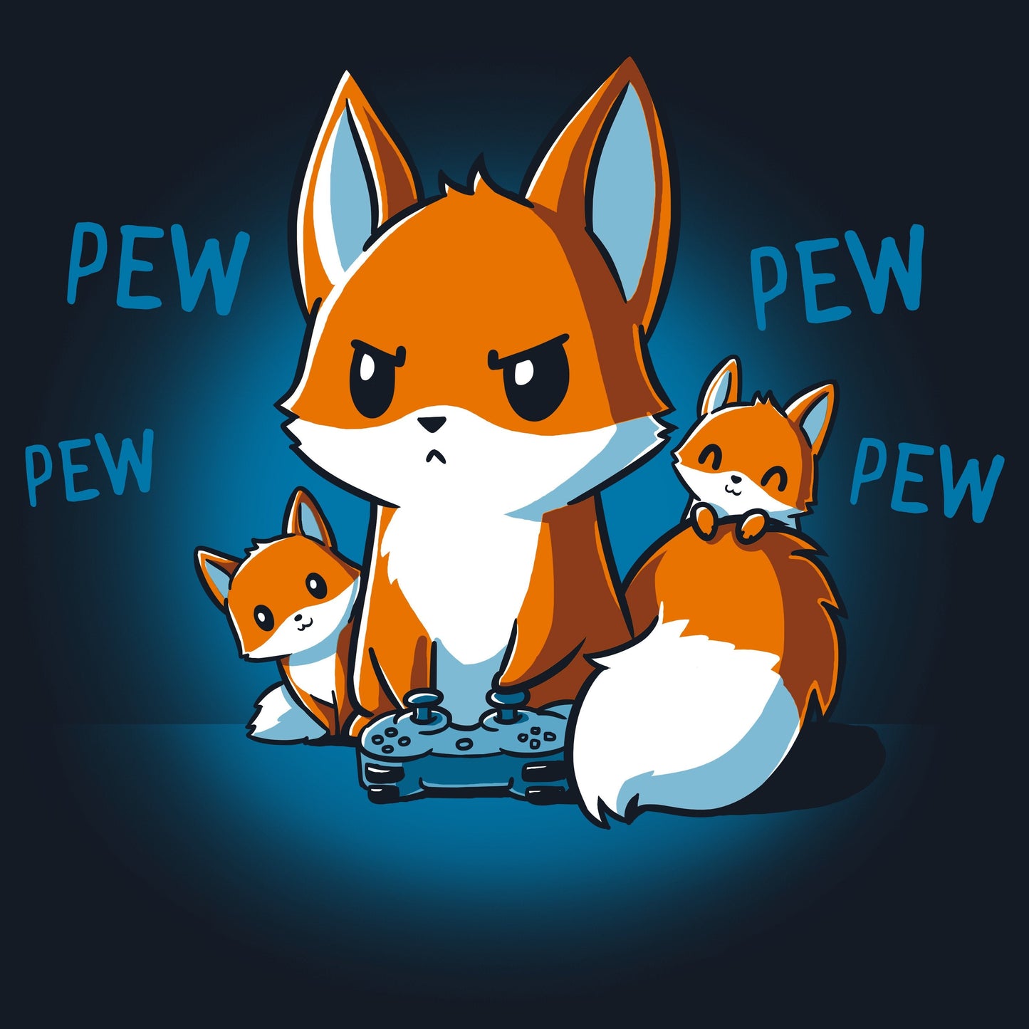 Premium Cotton T-shirt_TeeTurtle navy blue Pew Pew Parent. Featuring a parent fox playing a video game with a controller and its kits climbing over it.