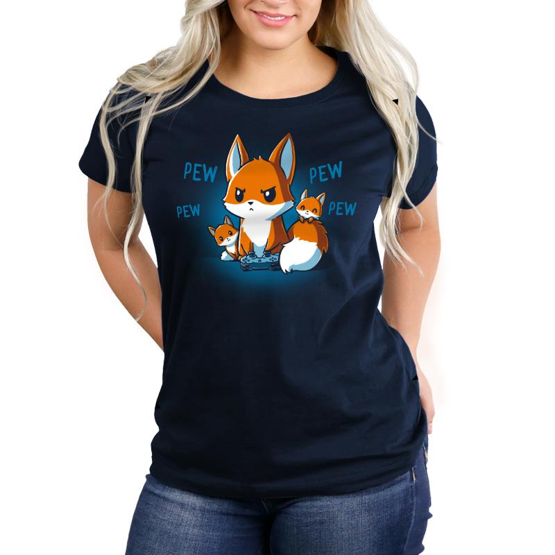 Premium Cotton T-shirt_TeeTurtle navy blue Pew Pew Parent. Featuring a parent fox playing a video game with a controller and its kits climbing over it.