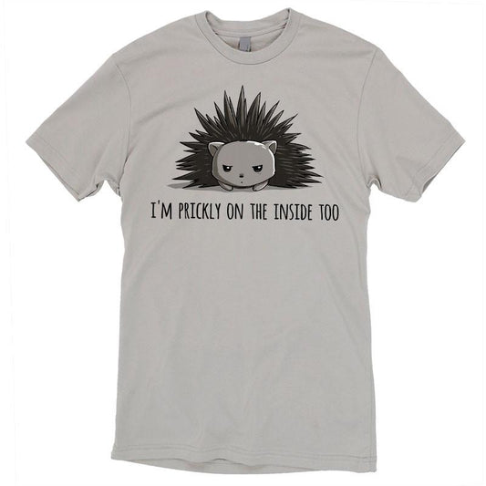 Premium Cotton T-shirt_TeeTurtle Prickly on the Inside silver gray t-shirt featuring a grey porcupine looking slightly annoyed with the text 