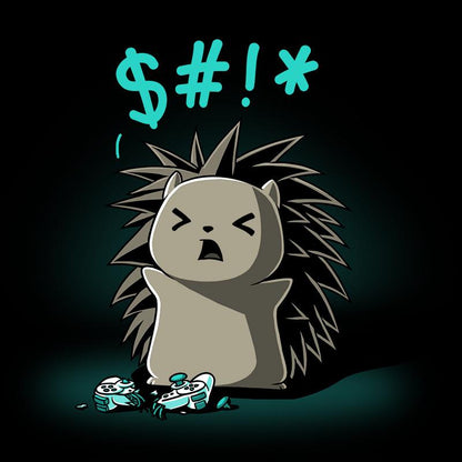 Premium Cotton T-shirt_TeeTurtle black Ragequit. Featuring an angry hedgehog with a broken video game controller.