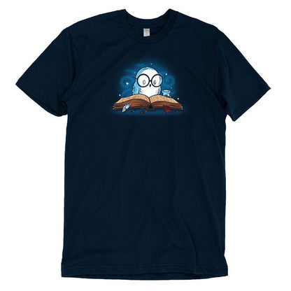 Premium Cotton T-shirt_TeeTurtle navy blue Reading is Magical. Featuring a white owl reading a book.