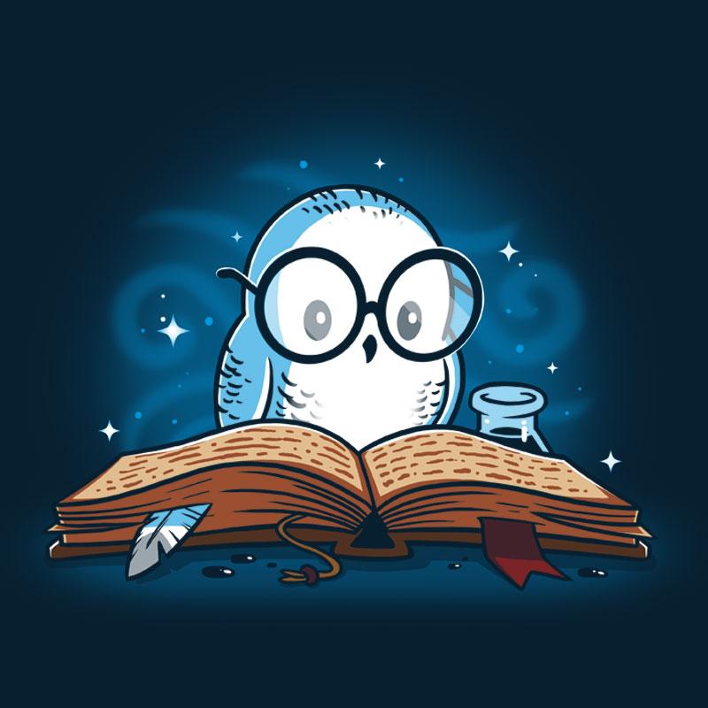 Premium Cotton T-shirt_TeeTurtle navy blue Reading is Magical. Featuring a white owl reading a book.