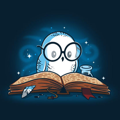 Premium Cotton T-shirt_TeeTurtle navy blue Reading is Magical. Featuring a white owl reading a book.