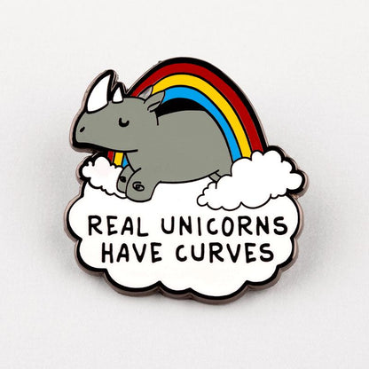 The TeeTurtle Real Unicorns Have Curves Pin is an enamel pin of a real unicorn with body curves.