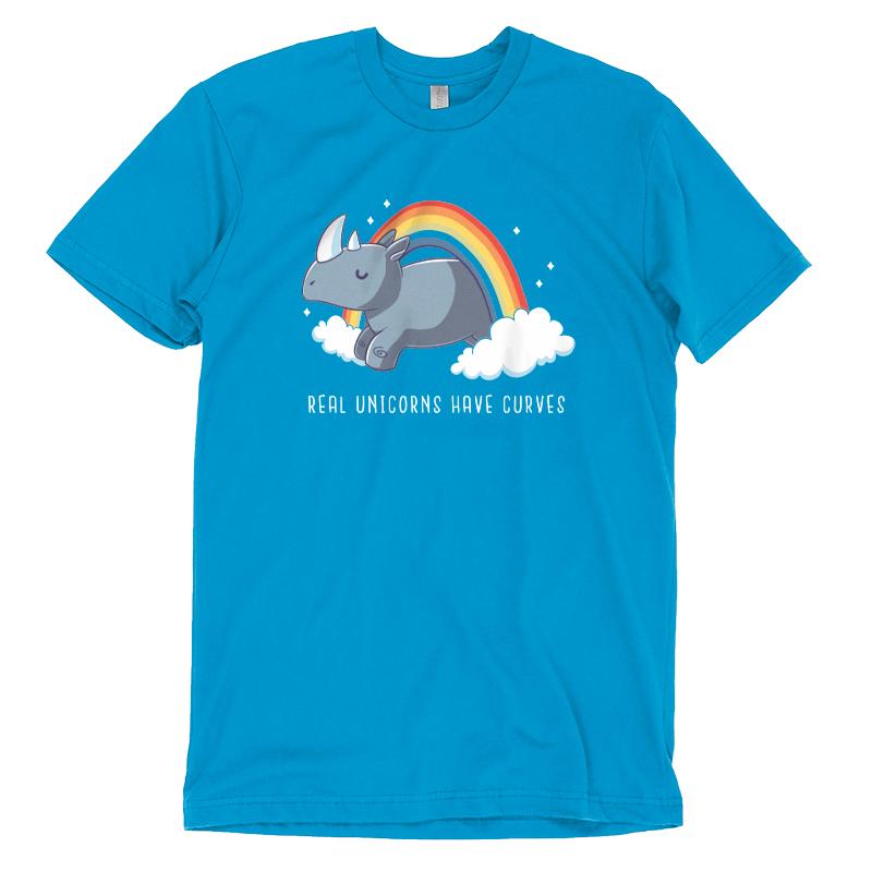 Premium Cotton T-shirt_TeeTurtle cobalt blue Real Unicorns Have Curves. Featuring a rhinoceros jumping through a rainbow arc.