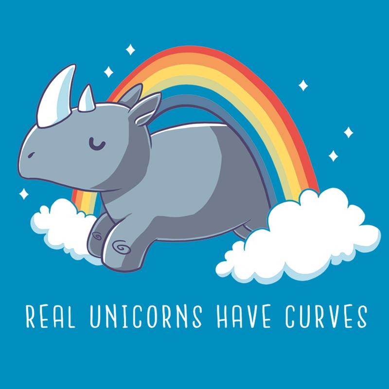 Premium Cotton T-shirt_TeeTurtle cobalt blue Real Unicorns Have Curves. Featuring a rhinoceros jumping through a rainbow arc.