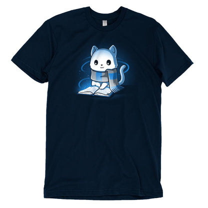 Premium Cotton T-shirt_TeeTurtle navy blue Smart Kitty. Featuring a white cat with a blue and silver striped scarf reading a book.