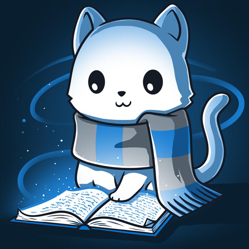 Premium Cotton T-shirt_TeeTurtle navy blue Smart Kitty. Featuring a white cat with a blue and silver striped scarf reading a book.