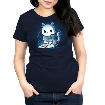 Premium Cotton T-shirt_TeeTurtle navy blue Smart Kitty. Featuring a white cat with a blue and silver striped scarf reading a book.