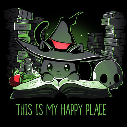 Premium Cotton T-shirt_TeeTurtle black Spellbound. Featuring a black cat wearing a witch hat surrounded by spellbooks and witchcraft paraphernalia.