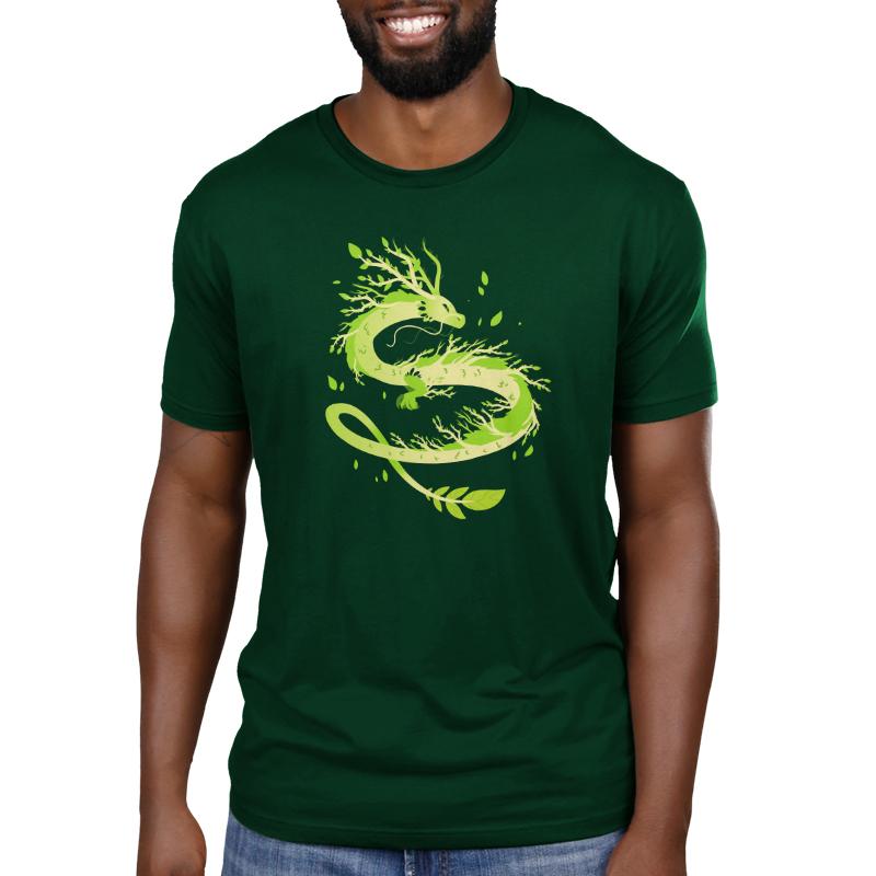 Premium Cotton T-shirt_TeeTurtle Spring Dragon forest green t-shirt featuring a dragon with leafy branches and vines emerging from its body.