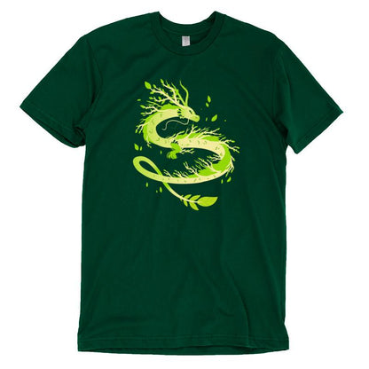 Premium Cotton T-shirt_TeeTurtle Spring Dragon forest green t-shirt featuring a dragon with leafy branches and vines emerging from its body.