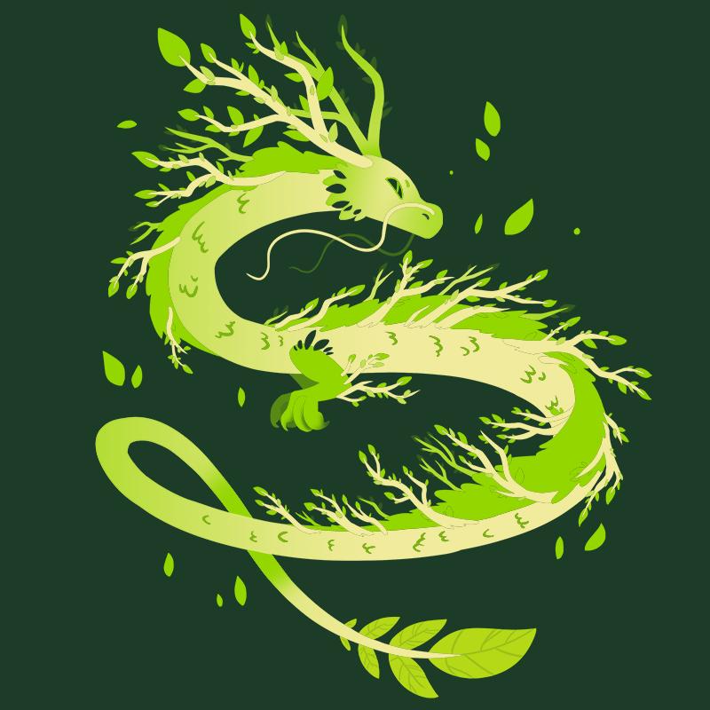 Premium Cotton T-shirt_TeeTurtle Spring Dragon forest green t-shirt featuring a dragon with leafy branches and vines emerging from its body.