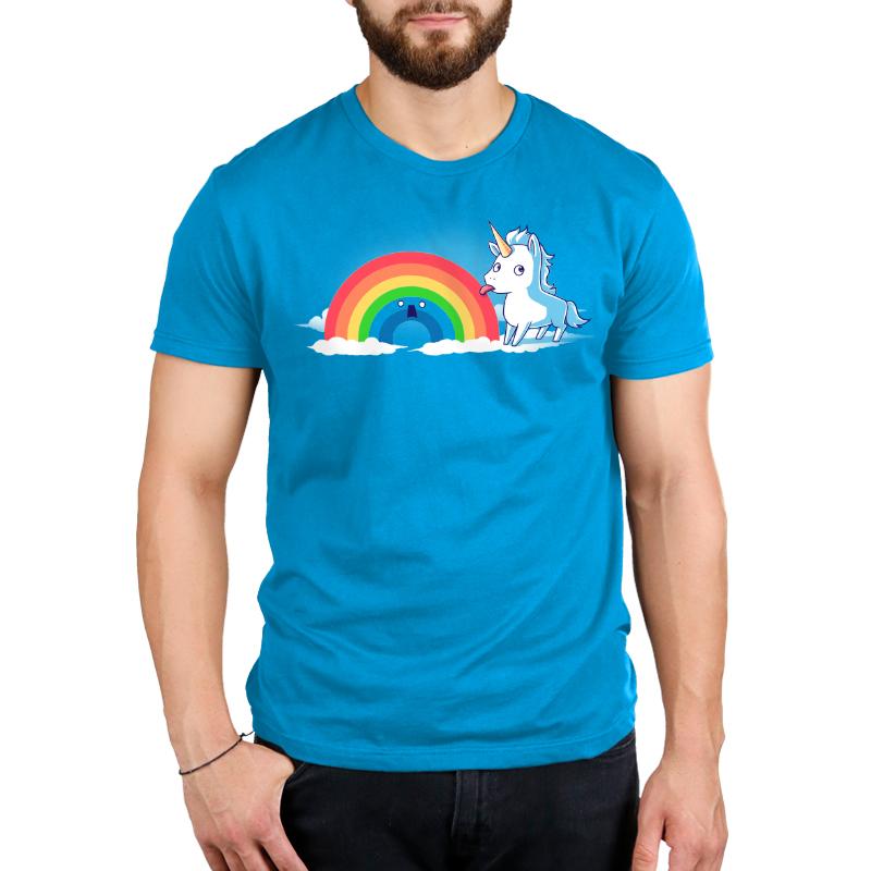 Premium Cotton T-shirt_TeeTurtle cobalt blue Tasty Rainbow. Featuring a unicorn licking a surprised rainbow.