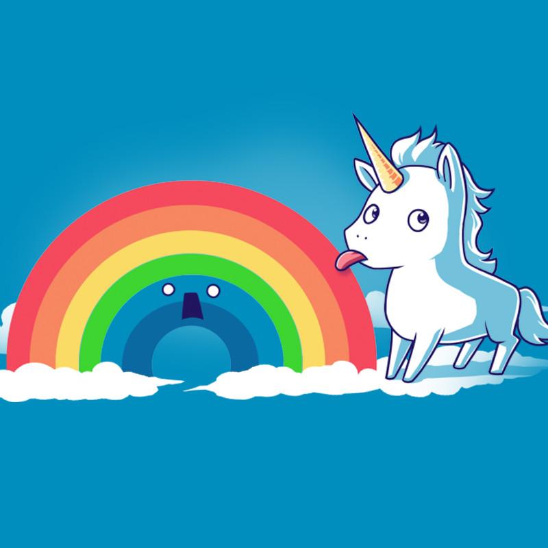 Premium Cotton T-shirt_TeeTurtle cobalt blue Tasty Rainbow. Featuring a unicorn licking a surprised rainbow.