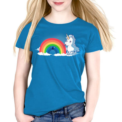 Premium Cotton T-shirt_TeeTurtle cobalt blue Tasty Rainbow. Featuring a unicorn licking a surprised rainbow.