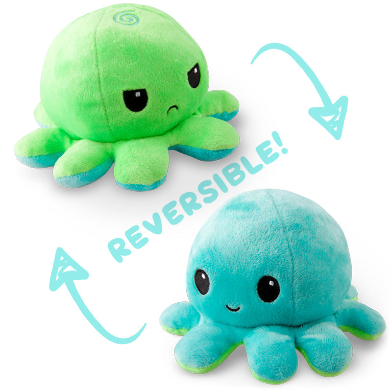 Two Reversible Octopus Plushies designed by TeeTurtle for a range of emotions.