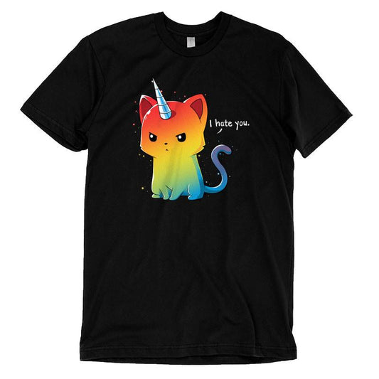 Premium Cotton T-shirt_TeeTurtle black The Magical Kittencorn. Featuring an angry rainbow kittencorn saying, 