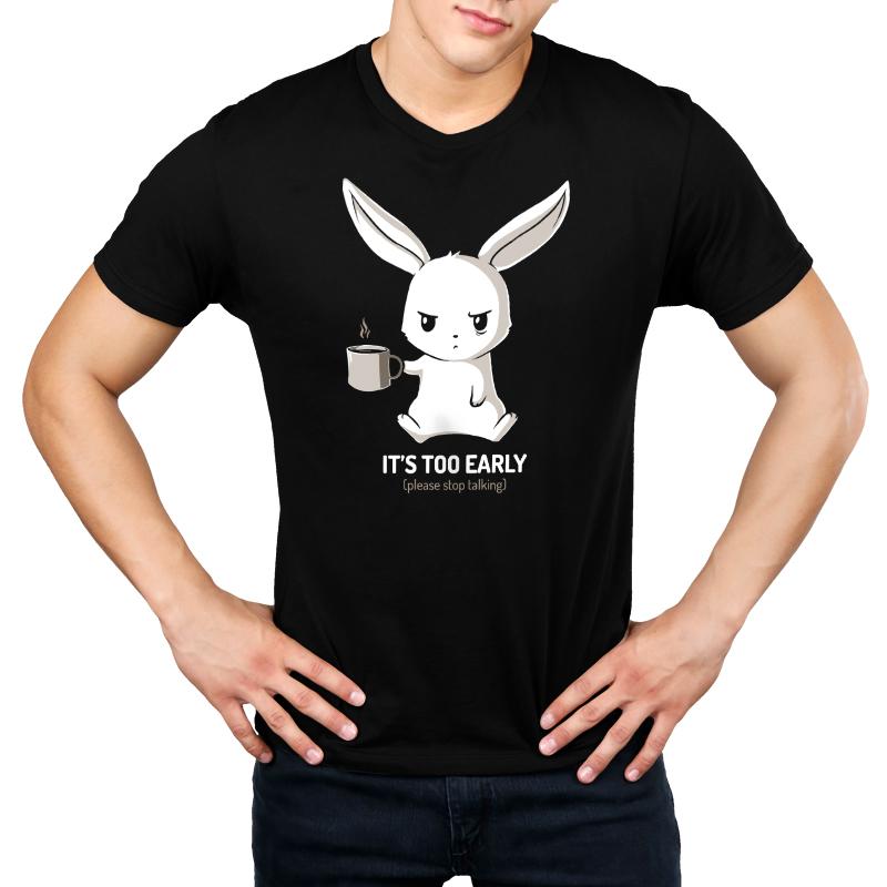 Premium Cotton T-shirt_TeeTurtle black Too Early. Featuring a grumpy bunny holding a cup of coffee.