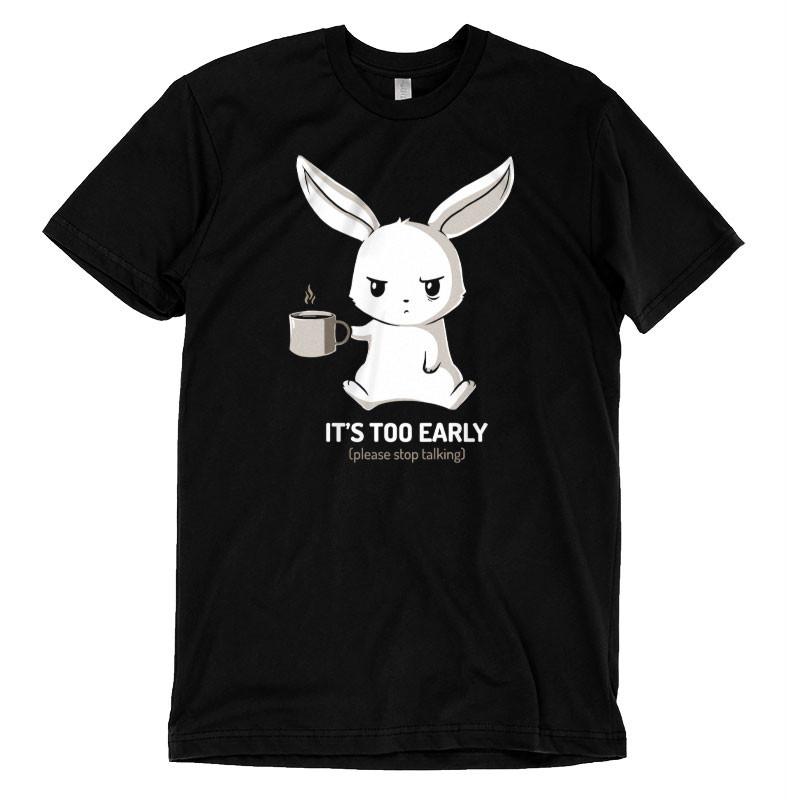 Premium Cotton T-shirt_TeeTurtle black Too Early. Featuring a grumpy bunny holding a cup of coffee.