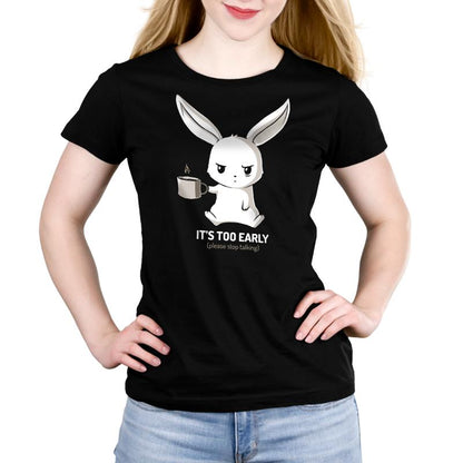 Premium Cotton T-shirt_TeeTurtle black Too Early. Featuring a grumpy bunny holding a cup of coffee.