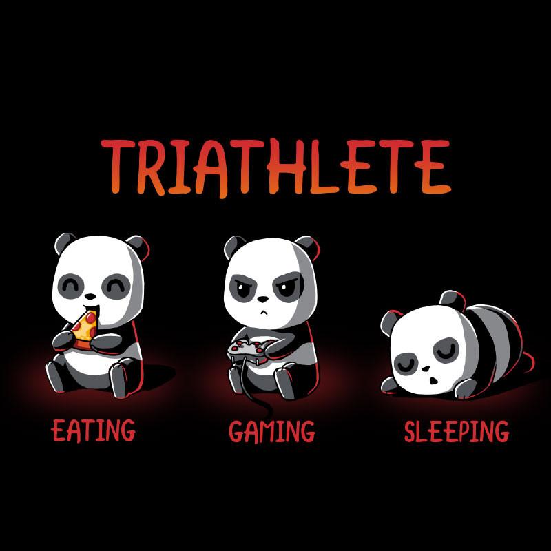 Premium Cotton T-shirt_TeeTurtle black Triathlete. Featuring a panda eating, a panda gaming, and a panda sleeping.