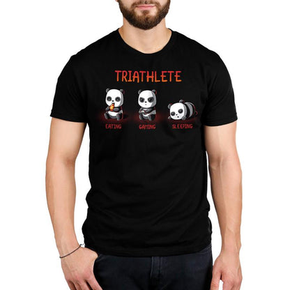 Premium Cotton T-shirt_TeeTurtle black Triathlete. Featuring a panda eating, a panda gaming, and a panda sleeping.