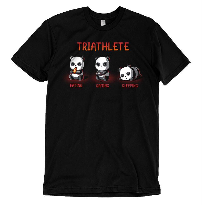 Premium Cotton T-shirt_TeeTurtle black Triathlete. Featuring a panda eating, a panda gaming, and a panda sleeping.