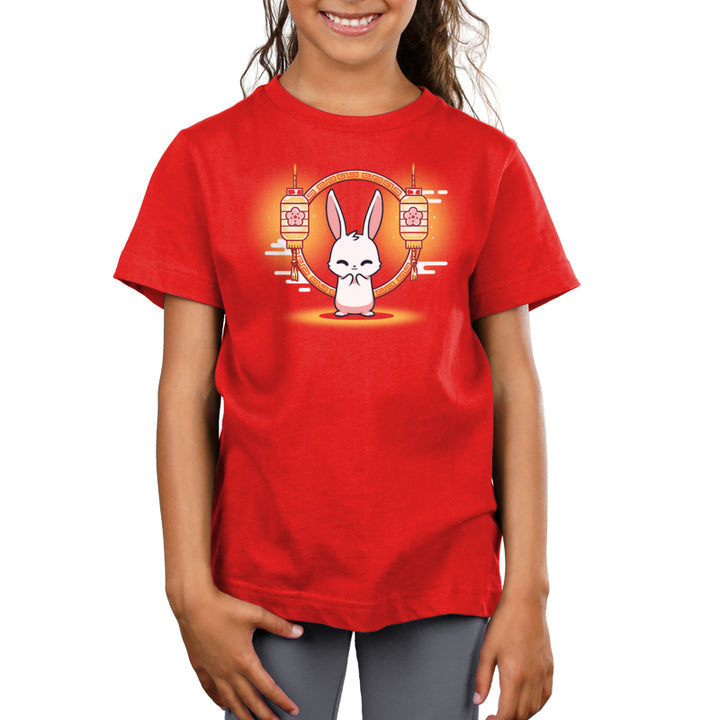 Premium Cotton T-shirt_TeeTurtle Lunar New Year Bunny red t-shirt featuring a cheerful white bunny in front of lunar new year themed lanterns.