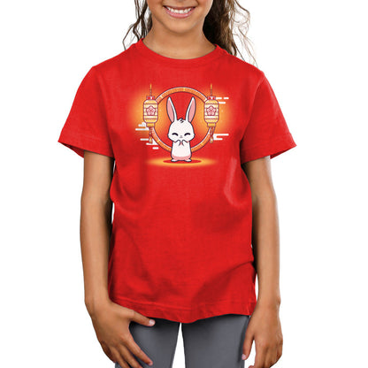 Premium Cotton T-shirt_TeeTurtle Lunar New Year Bunny red t-shirt featuring a cheerful white bunny in front of lunar new year themed lanterns.