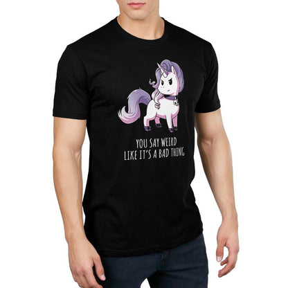 Premium Cotton T-shirt_TeeTurtle black Weird Is Good. Featuring a unicorn with goth accessories.