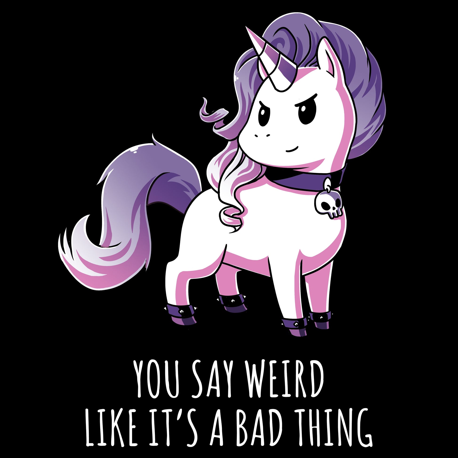 Premium Cotton T-shirt_TeeTurtle black Weird Is Good. Featuring a unicorn with goth accessories.