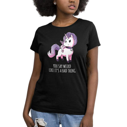 Premium Cotton T-shirt_TeeTurtle black Weird Is Good. Featuring a unicorn with goth accessories.