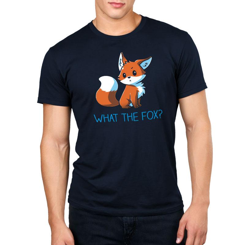 Premium Cotton T-shirt_TeeTurtle What the Fox? navy blue t-shirt featuring an adorable little fox looking quizzical posed above the pun 'What the Fox?'